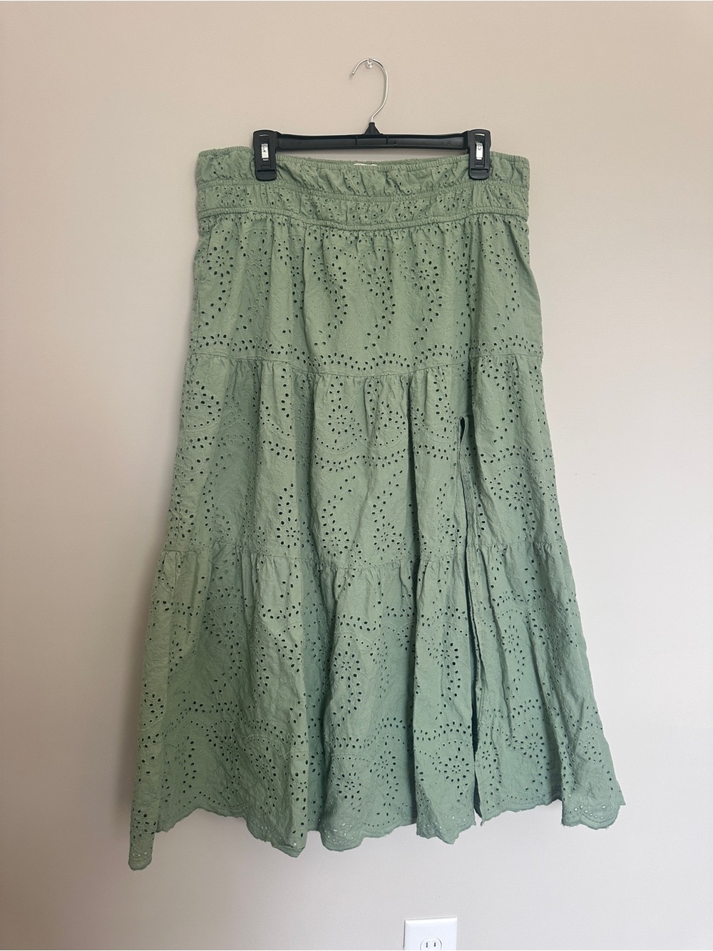Francesca's Collections Light Sage Eyelet Tiered Maxi Skirt